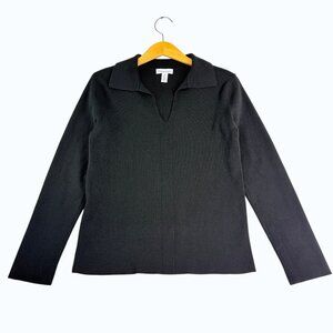 Calvin Klein Ribbed Knit Sweater Women L Black Collared V Neck Long Sleeve Chic